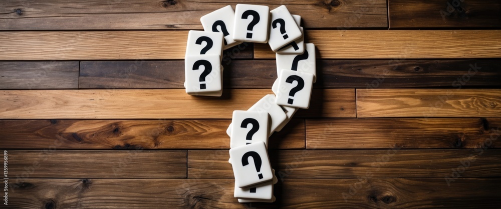 Poster tiles positioned to create a larger question mark. question mark set against a wooden table backdrop