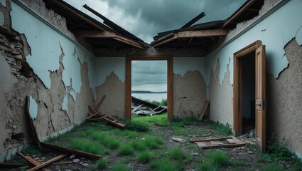 A dilapidated structure with exposed walls and a fallen roof remains deserted beneath a dreary sky, representing abandonment.