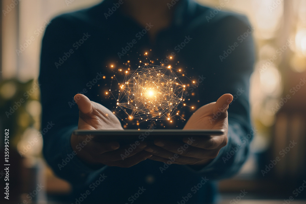 Aufkleber person holding a tablet with a glowing network sphere hovering above it in a dark environment scene