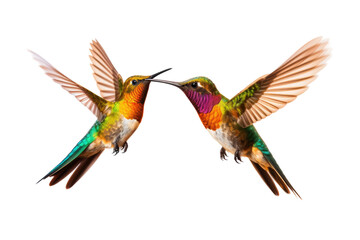 Obraz premium Colorful hummingbirds in mid-flight on transparent background