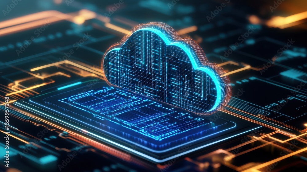 Poster a 3d rende of a glowing blue and orange cloud computing symbol on a smartphone above a complex circu