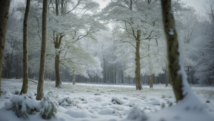 Obraz premium Winter day in a snowy forest. Snow-covered woodland scenery. View of the forest.