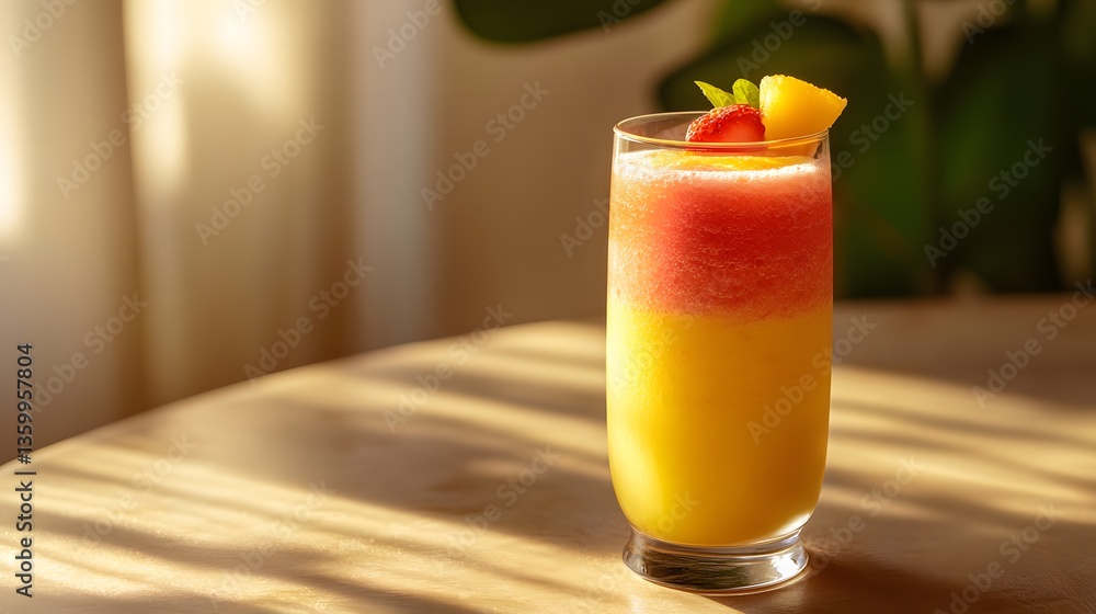 Poster inviting vegan smoothie on a table surrounded by fresh ingredients creating a relaxed and welcoming 