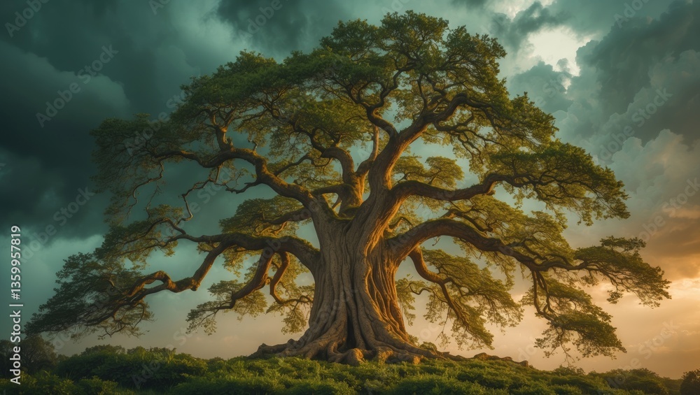 Poster a large tree with foliage against a dark sky creates a stunning image. a creative setting with abund