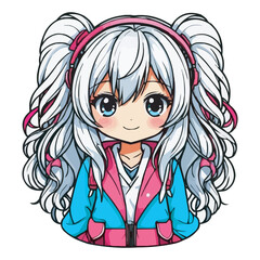 Kawaii Chibi Girl in School Uniform Vector Illustration, Cute Anime Character. Kawaii Chibi Girl Character with Pigtails and Uniform, Cute Cartoon Illustration on white background