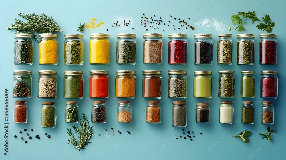 Poster a beautiful flat lay arrangement displaying various jars of different spices showcasing culinary div