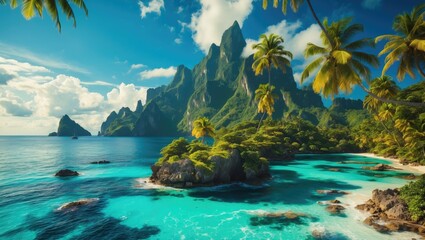 Fototapeta premium Tropical island in the ocean panoramic nature view.