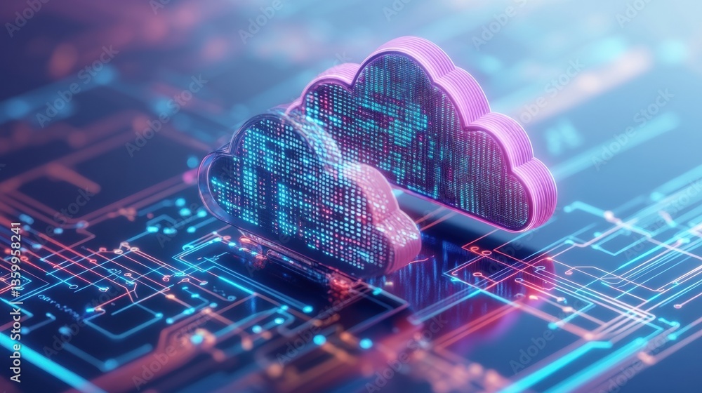 Poster translucent cloud icons with glowing data streams on circuit board illustrating concepts of cloud co