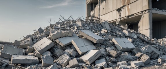 Fototapeta premium A dilapidated concrete structure with a mound of rubble in the foreground under a gray sky.