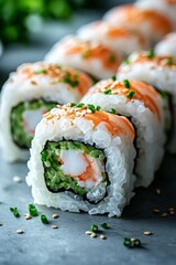 A close-up of a minimalistic sushi roll featuring shrimp, avocado, and bright green ingredients garnished with sesame seeds and chives