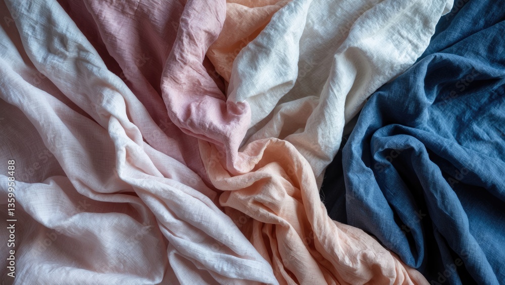 Poster wrinkled linen fabric with folded napkins. texture of linen material. background setting.