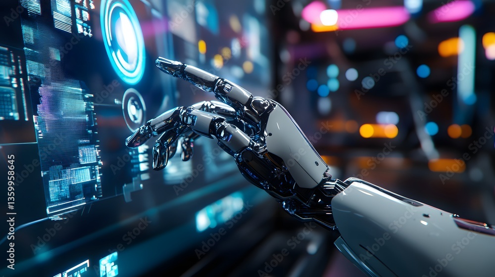 Poster robot touching a computer screen displaying data illustrating the integration of ai technology in mo