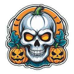 Spooky Skull with Glowing Eyes and Pumpkins Haunted Halloween Artwork. Haunted Skeleton with Pumpkins and Dark Mansion Spooky Horror Illustration halloween pumpkin with skull on white background
