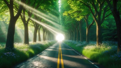 Obraz premium Tree tunnel on road with soft light sun rays shining from the end, the brighter future is approaching and light at the end of the tunnel concept.