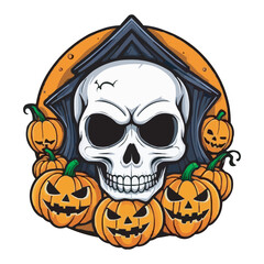 Spooky Skull with Glowing Eyes and Pumpkins Haunted Halloween Artwork. Haunted Skeleton with Pumpkins and Dark Mansion Spooky Horror Illustration halloween pumpkin with skull on white background