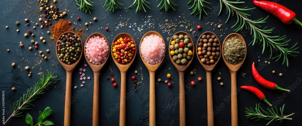 Aufkleber assortment of herbs and spices in wooden spoons on a black rustic background from a top view. vertic