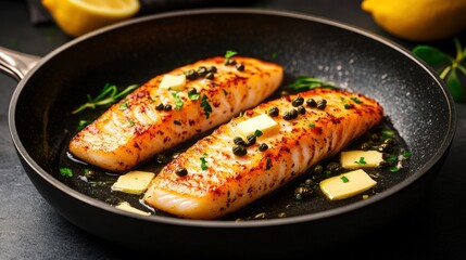 Two pan-seared salmon fillets in dark skillet topped with butter, capers, parsley, lemon slices and garnished with fresh sprigs of aromatic herbs