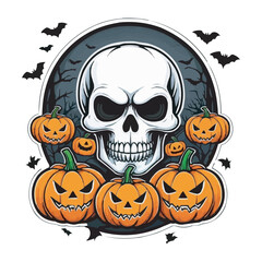 Spooky Skull with Glowing Eyes and Pumpkins Haunted Halloween Artwork. Haunted Skeleton with Pumpkins and Dark Mansion Spooky Horror Illustration halloween pumpkin with skull on white background