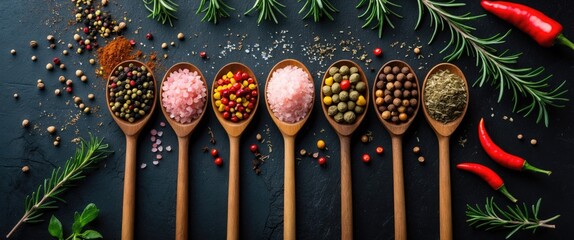 Assortment of herbs and spices in wooden spoons on a black rustic background from a top view. Vertical banner for spices.