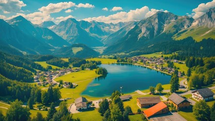 Aerial view of the summer mountains. A lake situated in a hamlet. Mountain scenery during lunchtime.