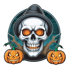 Spooky Skull with Glowing Eyes and Pumpkins Haunted Halloween Artwork. Haunted Skeleton with Pumpkins and Dark Mansion Spooky Horror Illustration halloween pumpkin with skull on white background