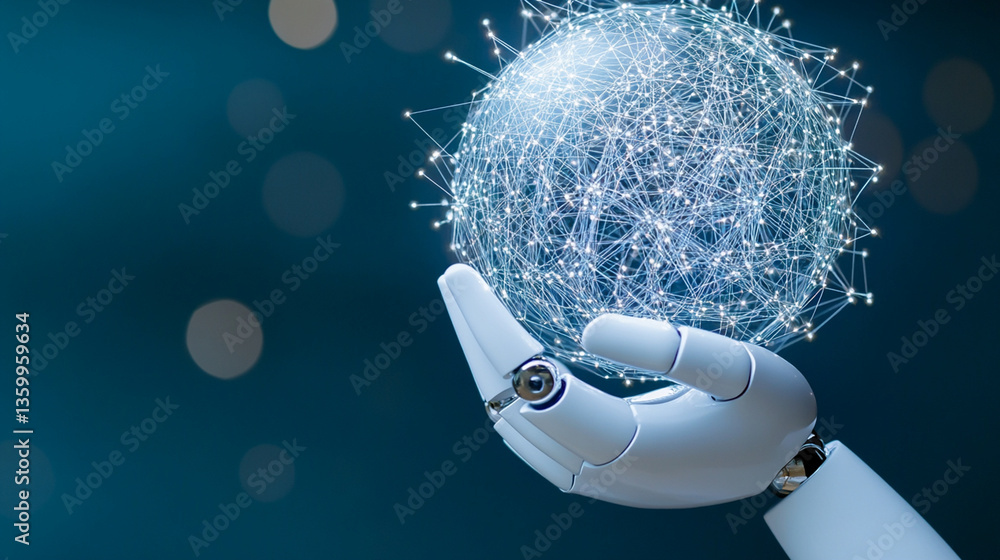 Poster exploring ai innovation robotic hand holding digital globe technology showcase modern environment