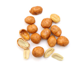 Dried peanuts in closeup on white