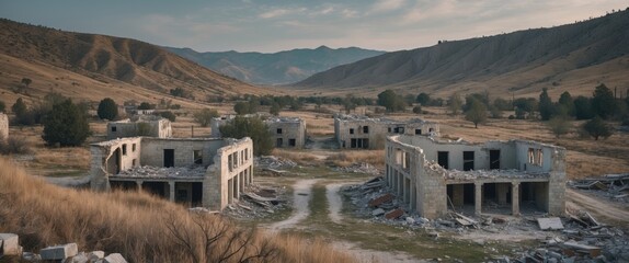 Apocalyptic scenery featuring a ruined structure in a wasteland with mountains in the distance. Concept of devastation and war.