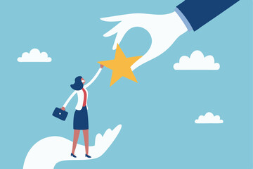 Empowerment or encouragement to help employee reach career success, woman leadership, support or help for work achievement, reward or job promotion concept, helping hand help businesswoman reach star.