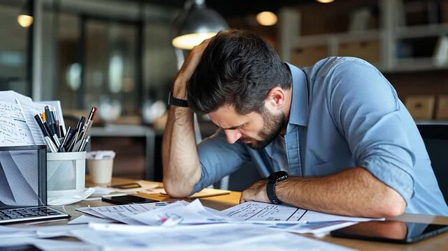 Stressed businessman overwhelmed by paperwork in a modern office environment with cluttered desk