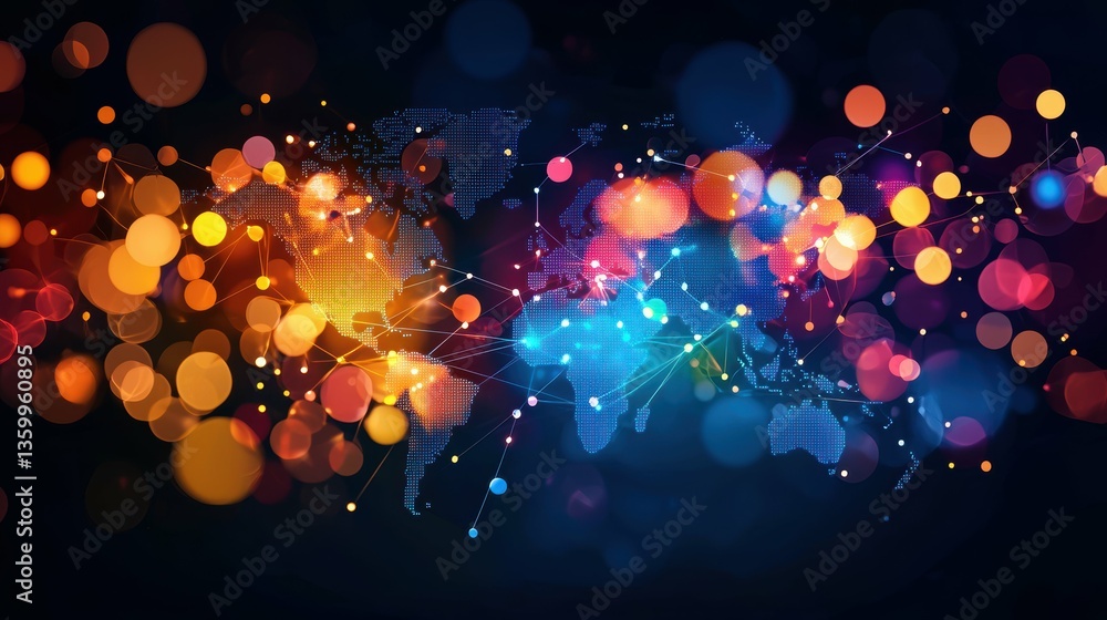 Poster global digital connectivity abstract bokeh lights over world map visualization dark background artis