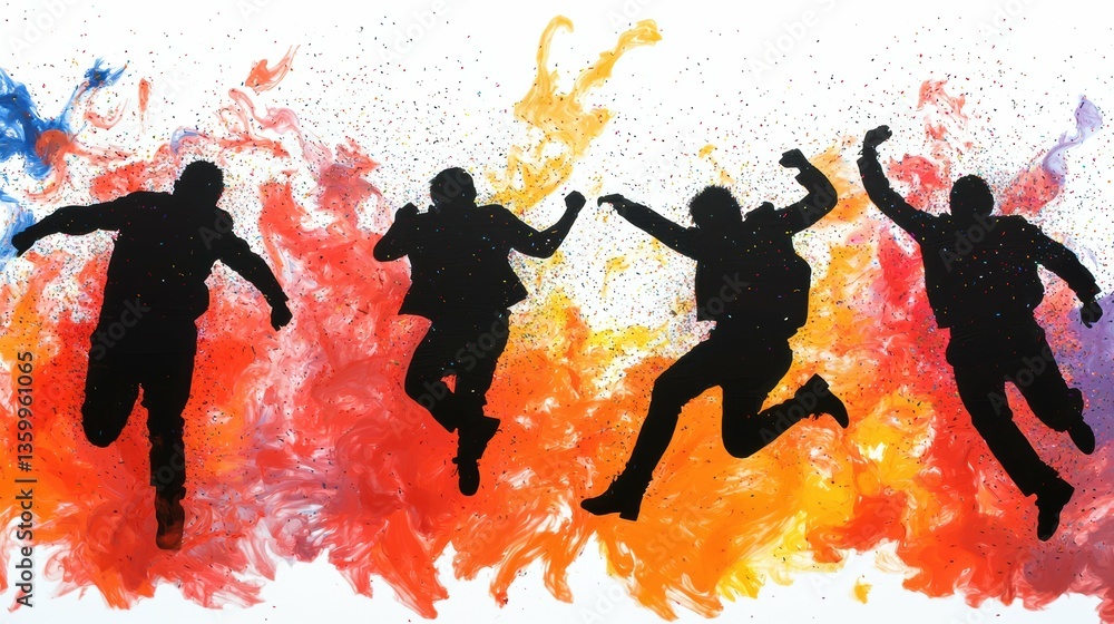 Poster dynamic motion of silhouetted figures running through colorful abstract background artistic style vi