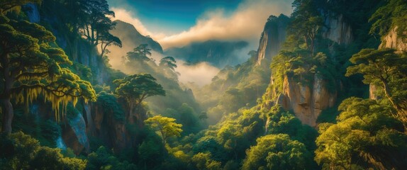 Fototapeta premium Scenic aerial perspective of a forest and rugged mountains featuring a variety of vegetation.