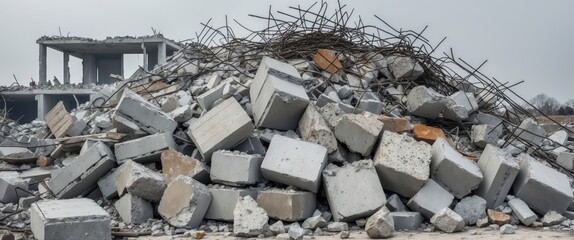 Fototapeta premium A mound of construction debris and large concrete wreckage set against the backdrop of a ruined building and a gray sky. Background.