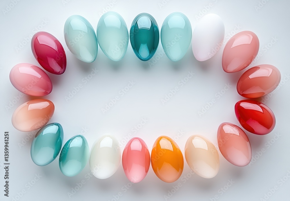 Poster colorful decorative easter eggs arranged in a circular pattern on a soft background for spring festi