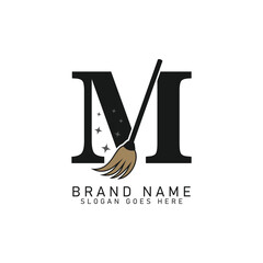 Letter M House Cleaning Broom Logo. Alphabet M Cleaning Brush Icon