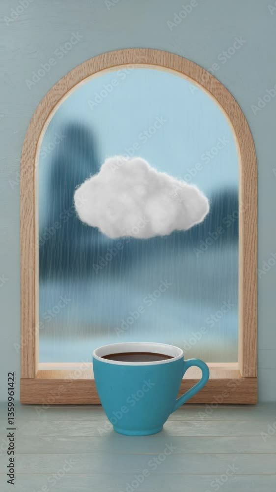 Poster minimalist composition of a blue coffee cup on a table with a cloudy window view in the background.