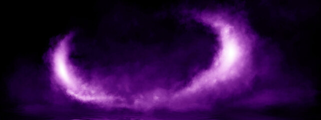 Night water with fog, magical glow of neon light above the water surface, night scene.