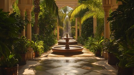Obraz premium A serene garden path lined with lush greenery and decorative fountains. Sunlight filters through tall palms creating a calm and inviting atmosphere. Generative AI