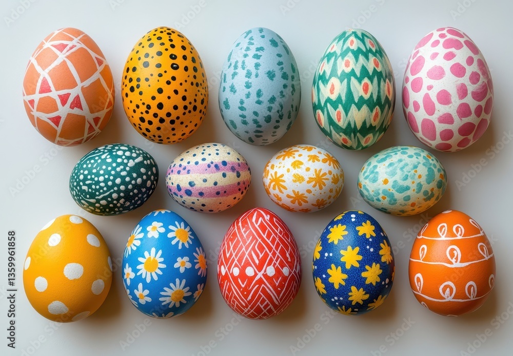 Poster colorful decorative easter eggs arranged in artistic layout with unique patterns and vibrant hues on