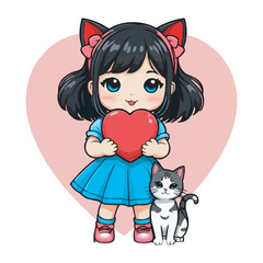 Cute Girl Holding a Cat Smiling Girl with Pet Cat in Heart Background. Kawaii Girl Hugging a Kitten Adorable Cartoon Illustration on white background