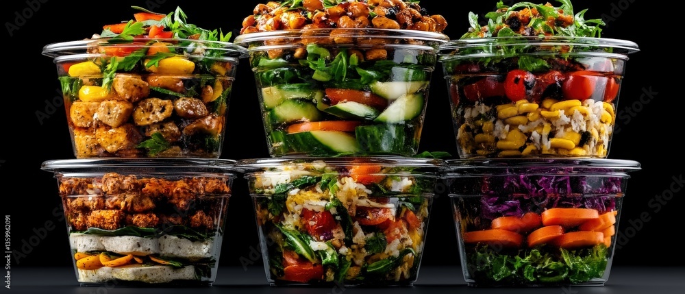 Poster six clear plastic containers showcasing colorful layered salads, beautifully arranged in two rows of