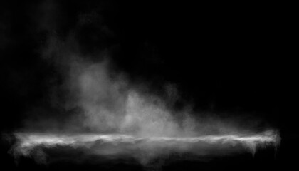 Night water with fog, magical glow of neon light above the water surface, night scene.