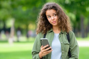 Young woman looking at her phone, relaxing at the park