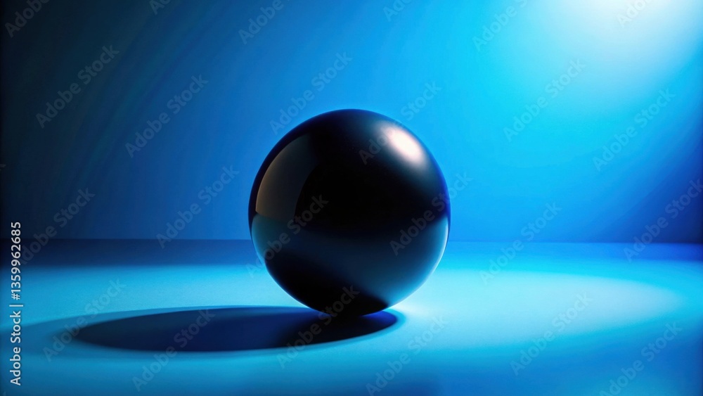 Poster a single, perfectly smooth, obsidian sphere rests on a vibrant azure surface, subtly illuminated by 