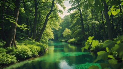 Among the foliage flows a woodland river. Scenery of the river.