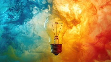 A vibrant light bulb suspended in colorful smoke, blending blue and orange hues, creating a striking visual effect