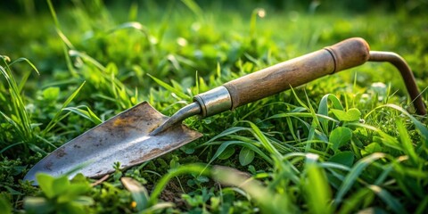 A weathered garden trowel rests gently in vibrant green grass, sunlight illuminating its aged metal and worn wooden handle, suggesting a moment of peaceful rest after gardening labor.
