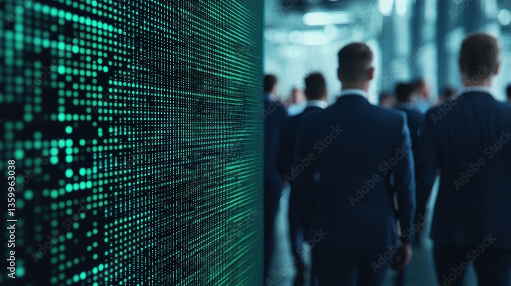 Poster a blurred group of individuals in suits walks past a digital wall displaying green data patterns, su