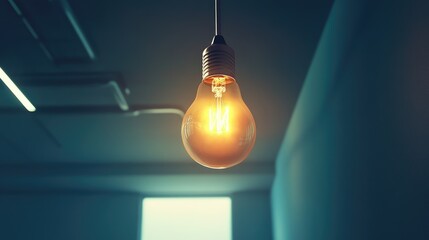 A glowing light bulb hanging from the ceiling in a modern room, casting warm light against a blue backdrop
